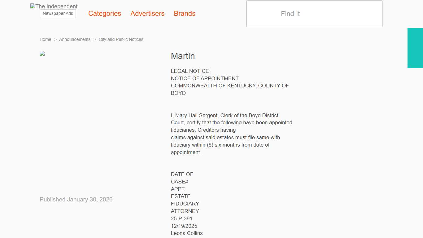 The Independent Newspaper Ads Classifieds Announcements LEGAL NOTICE